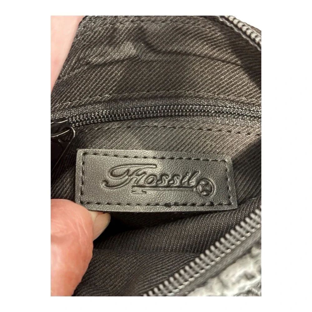 Fossil Crossbody Purse Black Suede Animal Print Fringe‎ Inside Zipper Pocket